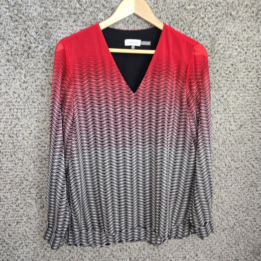 Calvin Klein Top Womens Small Red V Neck Blouse Long Sleeve Ladies Casual